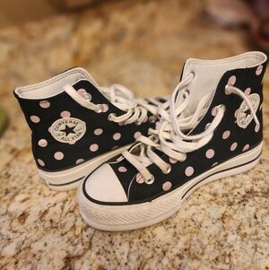 Converse Women's Black and Pink Polka Dot High-Top Sneakers